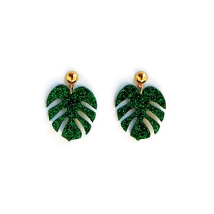 Green Glitter Monstera Leaf Dangle Earrings, Retro Summer Drop Earrings, Tropical Palm Leaf Statement Earrings, Vintage Pin Up Style Jewelry image 1