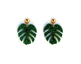 Green Glitter Monstera Leaf Dangle Earrings, Retro Summer Drop Earrings, Tropical Palm Leaf Statement Earrings, Vintage Pin Up Style Jewelry