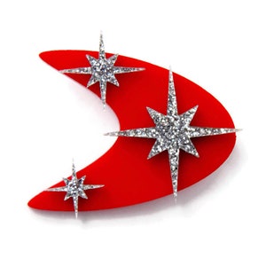 Retro Boomerang Brooch: Red Acrylic with Silver Glitter Starbursts