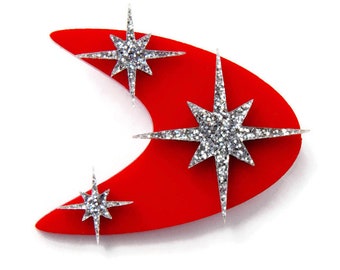 Retro Boomerang Brooch: Red Acrylic with Silver Glitter Starbursts