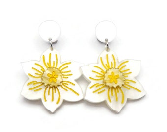 White Daffodil Earrings, Retro Spring Flower Earrings, Vintage Inspired Floral Jewelry, Cute White and Yellow Statement Earrings, Handmade