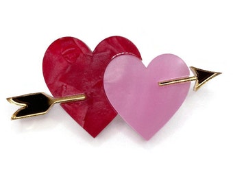 Pink and Red Hearts and Arrow Brooch, Cute Valentine's Day Jewelry, Vintage Inspired Love Brooch Pin, Unique Retro Novelty Acrylic Jewelry