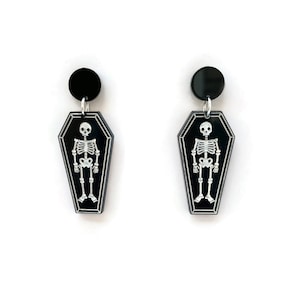 Black and White Skeleton and Coffin Earrings, Spooky Season Halloween Jewelry for Women, Acrylic Casket Earrings, Quirky Creepy Cute Jewelry