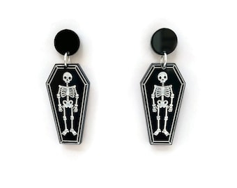 Black and White Skeleton and Coffin Earrings, Spooky Season Halloween Jewelry for Women, Acrylic Casket Earrings, Quirky Creepy Cute Jewelry