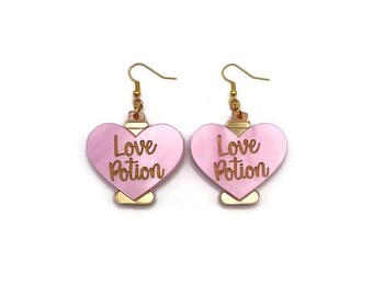Love Potion Earrings, Cute Valentine's Day Statement Earrings, Women's Quirky Pink and Gold Earrings, Fun Unique Valentine's Day Jewelry