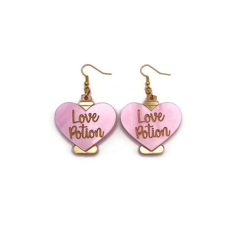 Love Potion Earrings, Cute Valentine's Day Statement Earrings, Women's Quirky Pink and Gold Earrings, Fun Unique Valentine's Day Jewelry image 1