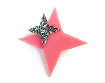 Pink Atomic Starburst Brooch, Laser Cut Acrylic Brooch Pin, 1950s Vintage Inspired Costume Jewelry, Retro Rockabilly Pin Up Brooch Lapel Pin