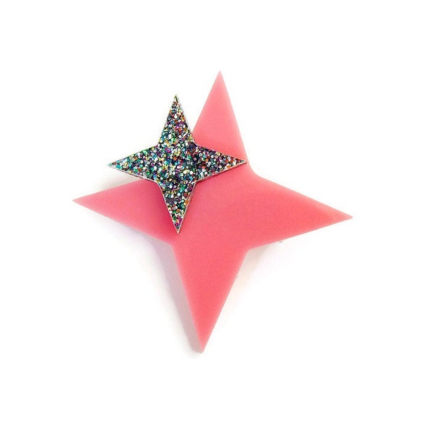 Pink Atomic Starburst Brooch, Laser Cut Acrylic Brooch Pin, 1950s Vintage Inspired Costume Jewelry, Retro Rockabilly Pin Up Brooch Lapel Pin