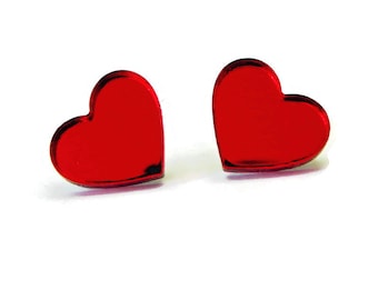 Red Mirror Acrylic Heart Stud Earrings: Laser Cut Jewelry