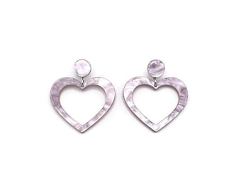 Lavender Heart Hoop Earrings, Cute Purple Pearl Acrylic Statement Earrings,  Resin Heart Cut Out Dangles, Retro Vintage Inspired Jewelry