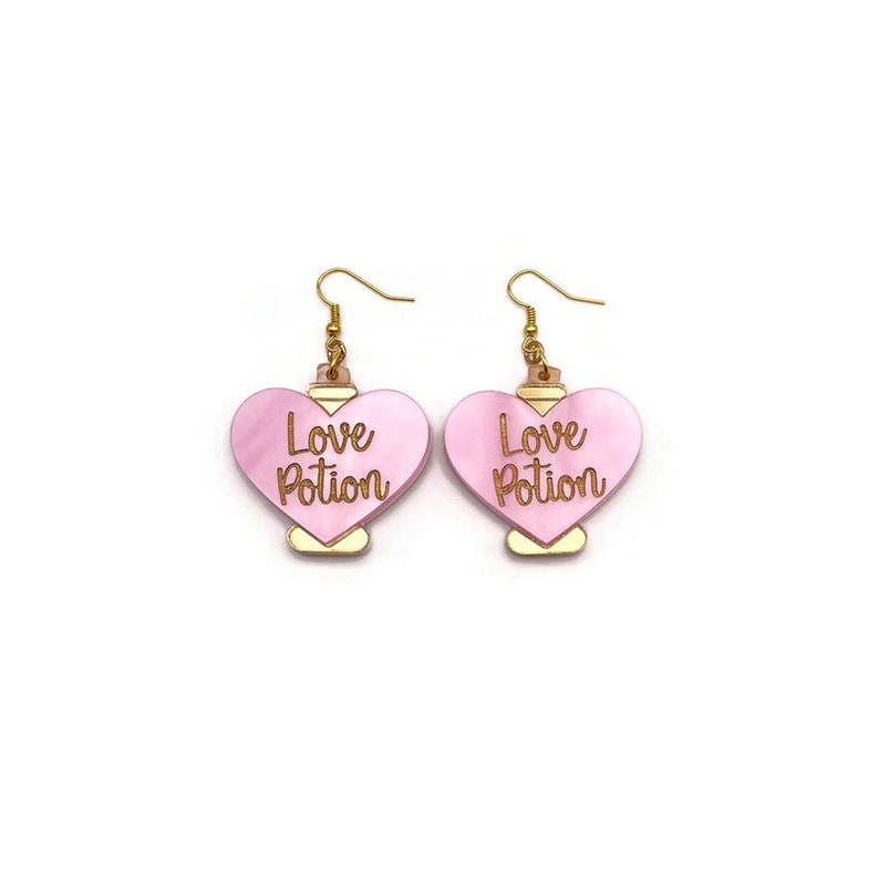 Love Potion Earrings, Cute Valentine's Day Statement Earrings, Women's Quirky Pink and Gold Earrings, Fun Unique Valentine's Day Jewelry image 8