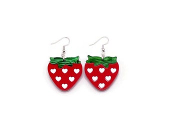 Strawberry Dangle Earrings, Retro Spring Fruit Earrings, Cute Berry and Hearts Jewelry, Fun Novelty Statement Earrings, Cottagecore Earrings
