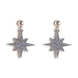 Silver Glitter Starburst Bungelen oorbellen, Retro Mid Century Star Oorbellen, jaren 1950 Vintage Geïnspireerd Sieraden, Acryl Celestial Oorbellen