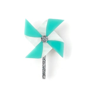 Aqua Pinwheel Brooch, Fun Summer Brooch, Laser Cut Acrylic Novelty Brooch, Cute Windy Weather Toy Pin, Vintage Inspired Kitsch Jewelry