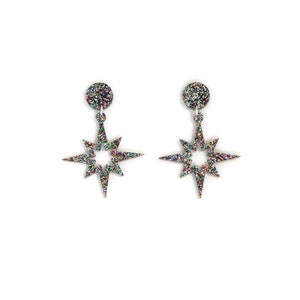 Rainbow Glitter Acrylic Star Dangle Earrings, Retro Mid Century Earrings, 1950s Vintage Inspired Jewelry,  Plastic Atomic Starburst Earrings