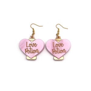 Love Potion Earrings, Cute Valentine's Day Statement Earrings, Women's Quirky Pink and Gold Earrings, Fun Unique Valentine's Day Jewelry image 7