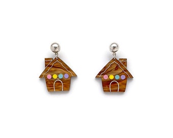 Gingerbread House Dangle Earrings, Fun Quirky Holiday Jewelry, Retro Christmas Cookie Earrings, Vintage Inspired Holiday Statement Earrings