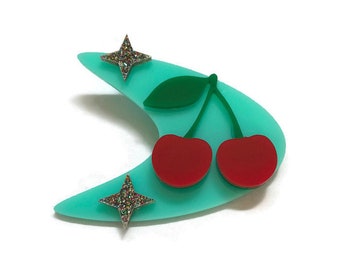 Rockabilly Cherries Brooch, Retro Boomerang and Stars, Vintage Acrylic Pin, Pin up, Rockabilly, Atomic 50s Style, Laser Cut