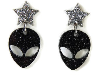 Alien and Star Dangle Earrings, Black And Silver Glitter Retro Outer Space Acrylic Earrings, Galaxy UFO Laser Cut Drop Earrings