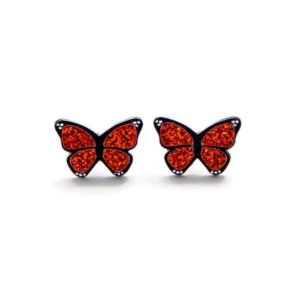 Monarch Butterfly Stud Earrings, Spring Laser Cut Acrylic Post Earrings, Womens Unique Insect Earrings, Fun Quirky Resin Sparkle Studs