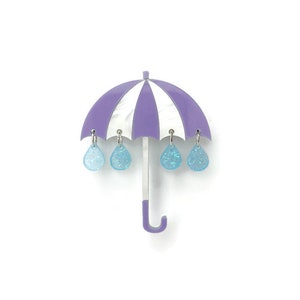 Purple and White Umbrella Brooch, Vintage Style Acrylic Brooch, Fun Quirky Spring Weather Pin, Cute Laser Cut Rain Brooch, Raindrop Jewelry