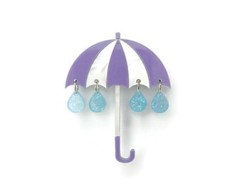 Purple and White Umbrella Brooch, Vintage Style Acrylic Brooch, Fun Quirky Spring Weather Pin, Cute Laser Cut Rain Brooch, Raindrop Jewelry