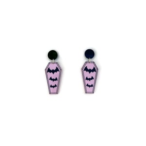 Purple and Black Bat and Coffin Earrings, Spooky Season Halloween Jewelry for Women, Novelty Casket Earrings, Quirky Creepy Cute Jewelry