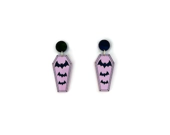 Purple and Black Bat and Coffin Earrings, Spooky Season Halloween Jewelry for Women, Novelty Casket Earrings, Quirky Creepy Cute Jewelry