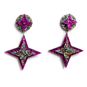 Lila Stern Laser geschnitten Ohrringe, Vintage inspiriert Pinup Schmuck, einzigartige Kunststoff Ohrringe, große Aussage Ohrringe hypoallergen Nickel frei