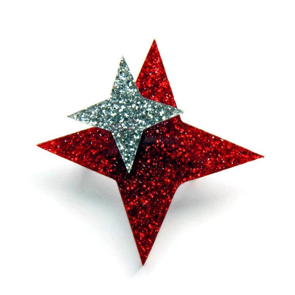 Red Glitter Starburst Brooch, Red and Silver Acrylic Brooch Pin, Laser Cut Star Brooch, Atomic 1950s Retro Rockabilly Vintage Style Jewelry