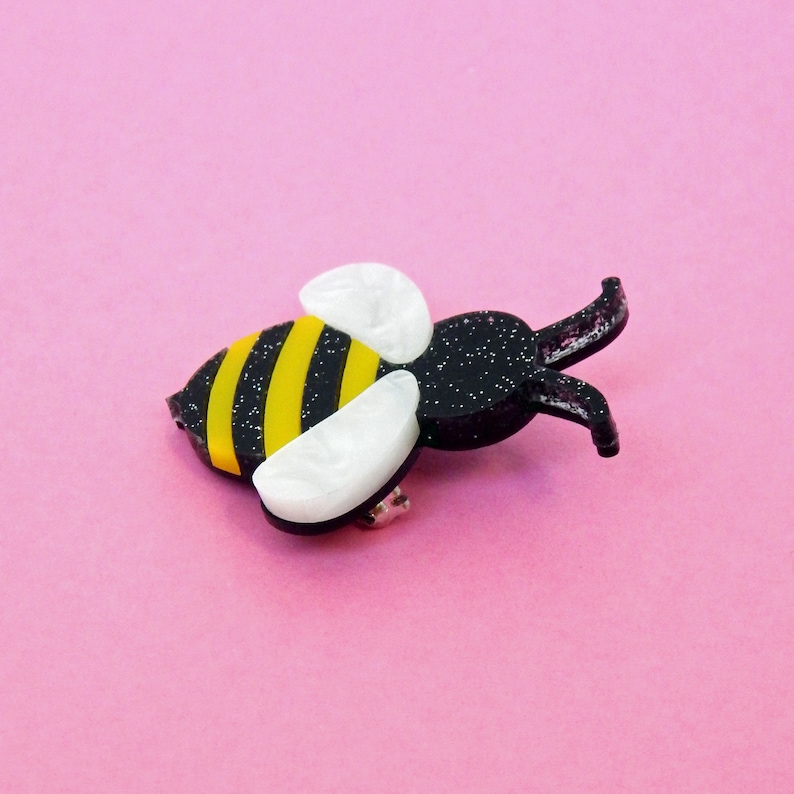 Bee Brooch, Yellow & Black Cute Spring Insect Brooch Pin, Laser Cut Honeybee Pin Jewelry, Unique Bumblebee Resin Brooch, Quirky Retro Brooch image 3