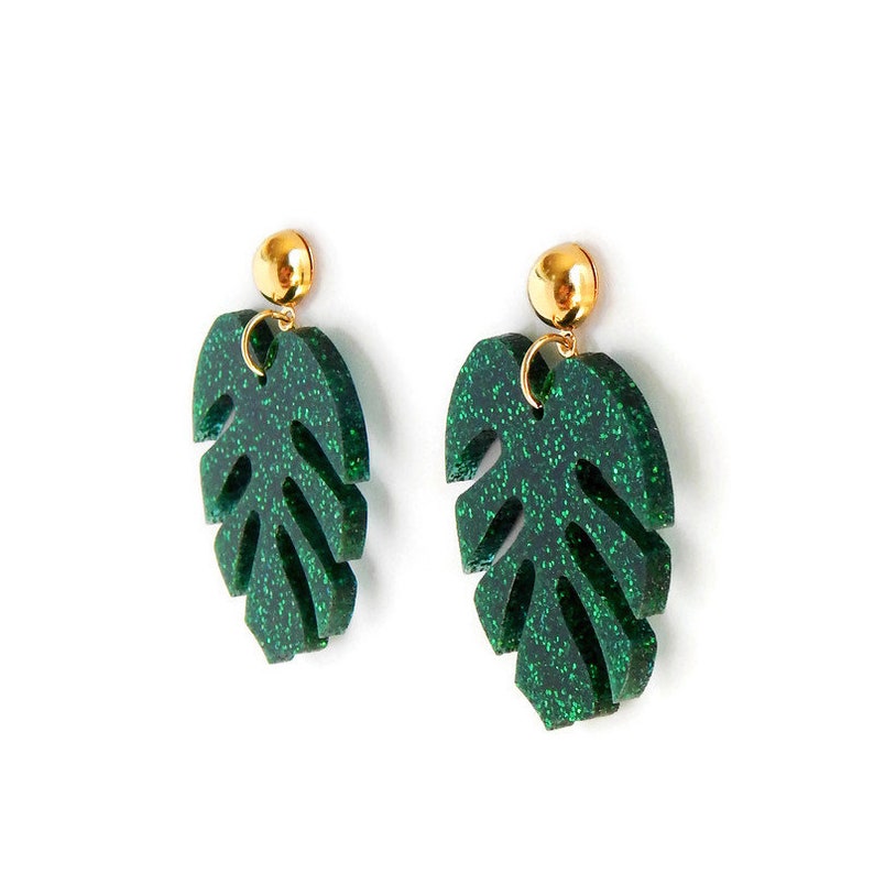 Green Glitter Monstera Leaf Dangle Earrings, Retro Summer Drop Earrings, Tropical Palm Leaf Statement Earrings, Vintage Pin Up Style Jewelry image 2