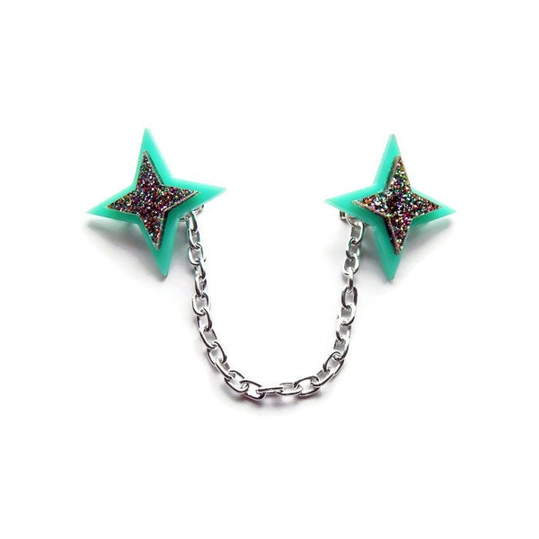 Aqua Blue Star Sweater Clip, Retro Acrylic Cardigan Clip, Atomic 50s Collar Clips, Rockabilly Statement Jewelry, Vintage Fashion Accessories