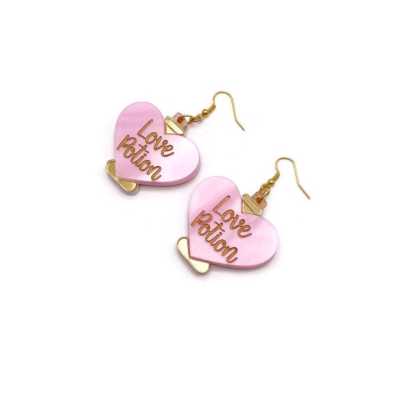 Love Potion Earrings, Cute Valentine's Day Statement Earrings, Women's Quirky Pink and Gold Earrings, Fun Unique Valentine's Day Jewelry image 5