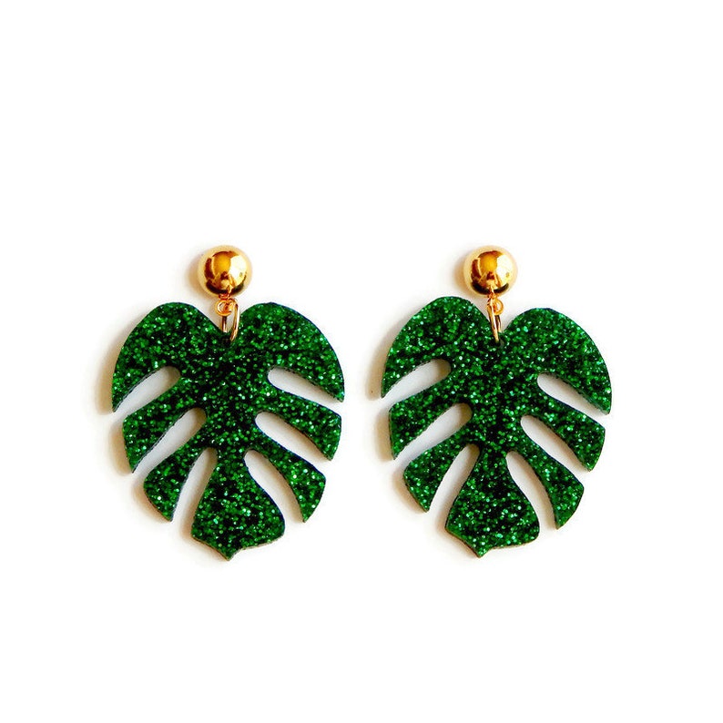 Green Glitter Monstera Leaf Dangle Earrings, Retro Summer Drop Earrings, Tropical Palm Leaf Statement Earrings, Vintage Pin Up Style Jewelry image 6