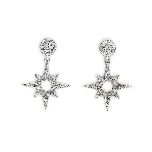 Glitter Starburst Dangle Earrings, Retro Celestial Earrings, Vintage Style Atomic 1950s Jewelry, Silver Sparkle Acrylic Statement Earrings