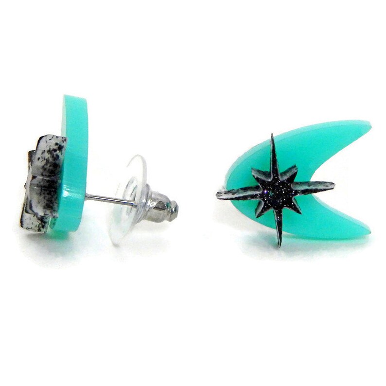 Aqua Mid Century Boomerang Stud Earrings, Atomic 1950s 1960s Laser Cut Acrylic Studs, Retro Celestial Earring, Vintage Style Pinup Jewelry image 6