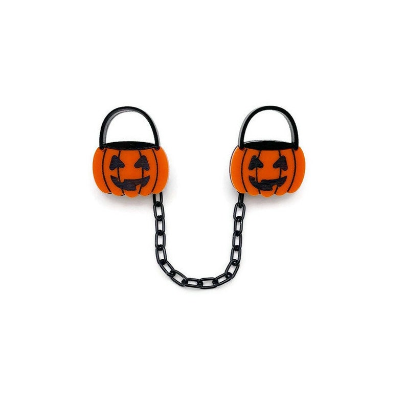 Pumpkin Bucket Sweater Clip, Halloween Jack O Lantern Trick or Treat Candy Bucket Cardigan Clips, Sweater Guards, Spooky Season Collar Clips image 1
