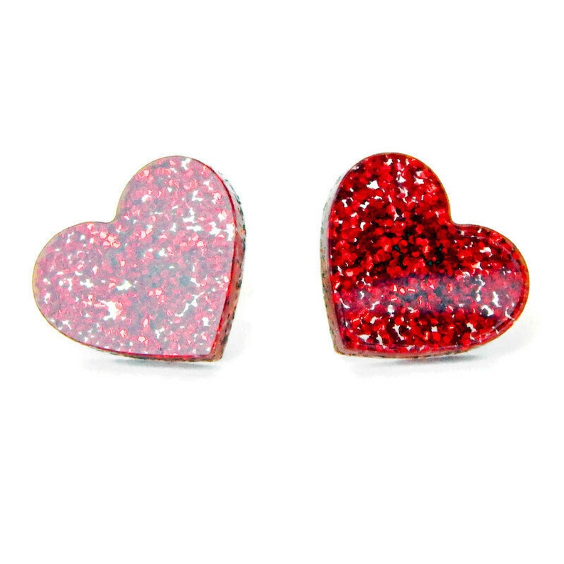 Heart Stud Earrings Red Glitter Laser Cut Acrylic Stud Ladies Etsy