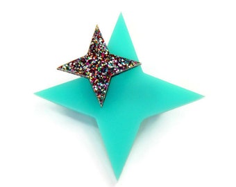 Aqua Starburst Brooch for Women, Laser Cut Glitter Acrylic Star Lapel Pin, Retro Rockabilly Jewelry for Women, 50s Vintage Style Accessories