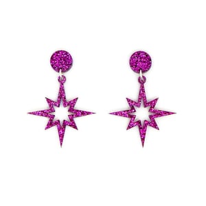Purple Glitter Star Dangle Earrings, Retro Mid Century Earrings, 1950s Vintage Inspired Jewelry, Acrylic Celestial Starburst Earrings