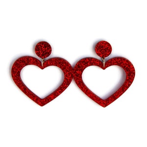 Red Glitter Acrylic Heart Hoop Earrings, Pinup Rockabilly Style
