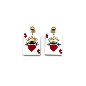 Brincos de Rainha de Copas, Brincos fofos de Dia dos Namorados, Brincos de cartas de baralho peculiares para mulheres, Joias divertidas e exclusivas para o Dia dos Namorados