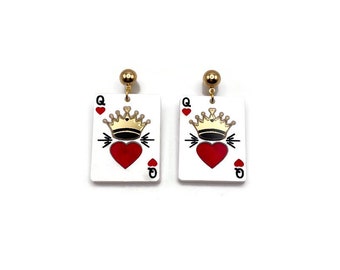 Queen of Hearts Earrings, Cute Valentine's Day Statement Earrings, Women's Quirky Playing Card Earrings, Fun Unique Valentine's Day Jewelry