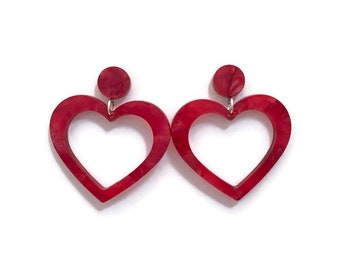 Red Heart Hoop Earrings, Cute Red Pearl Acrylic Love Earrings, Womens Resin Heart Earrings Dangle, Vintage Inspired Valentine's Day Jewelry