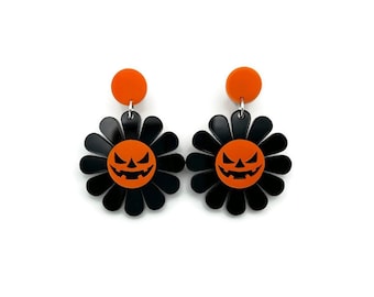 Jack O Lantern Daisy Earrings, Spooky Season Pumpkin Flower Earrings, Unique Black and Orange Acrylic Earrings, Fun Cute Halloween Jewelry