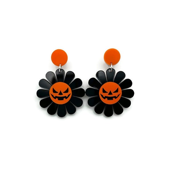 Jack O Lantern Daisy Earrings, Black Orange Acrylic Halloween Jewelry