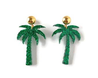 Green Glitter Palm Tree Earrings, Retro Tropical Beachy Earrings, Fun Summer Statement Earrings, Vintage Pin Up Style Laser Cut Jewelry
