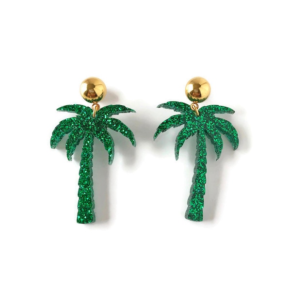 Green Glitter Palm Tree Earrings, Retro Tropical Beachy Earrings, Fun Summer Statement Earrings, Vintage Pin Up Style Laser Cut Jewelry