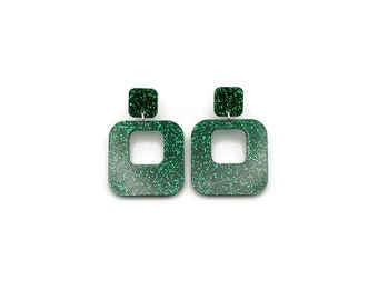 Green Glitter Square Mod Hoop Earrings, Retro Mid Century Statement Earrings, 1950s 1960s Vintage Inspired Jewelry, Big Fun Acrylic Earrings